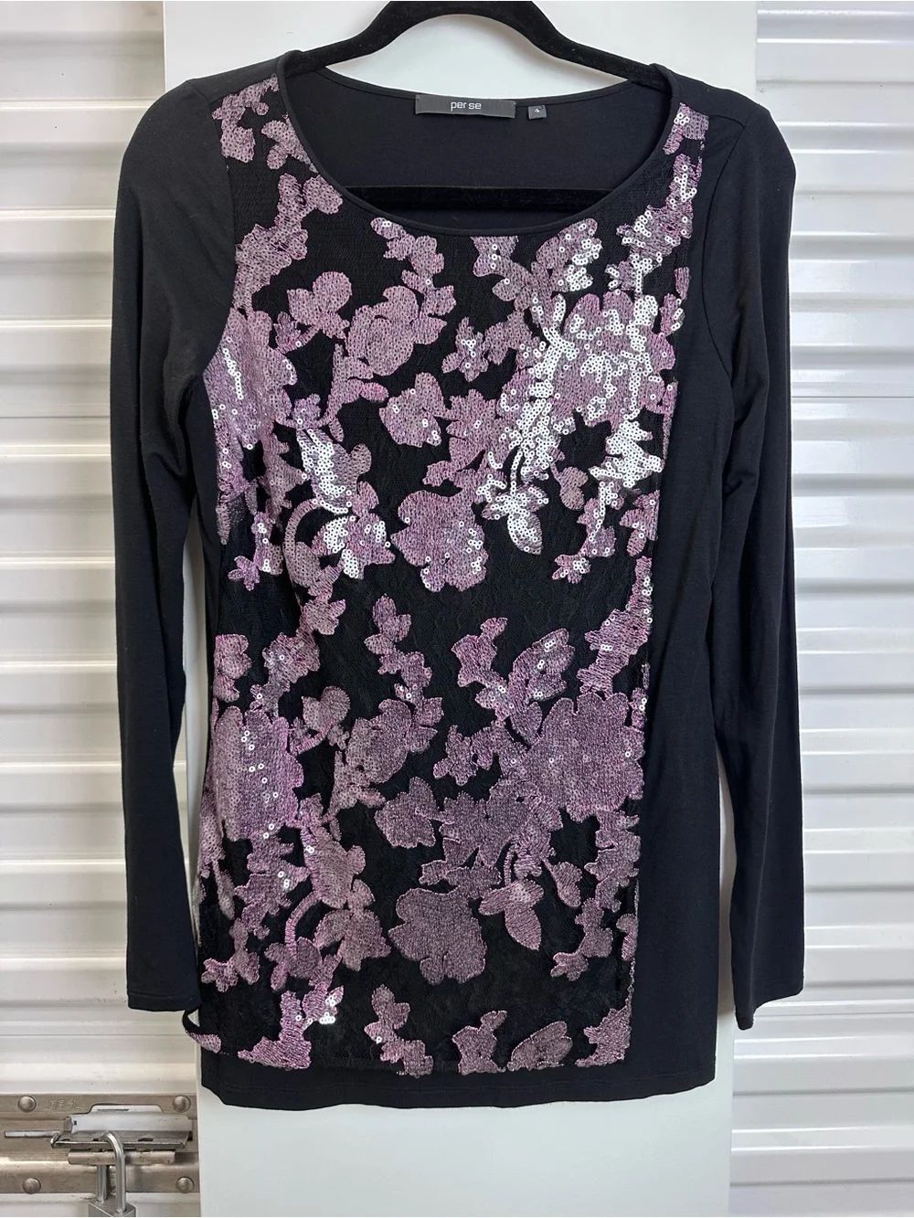 ⭐️Per Se Black Top with Pink Sequin Floral Panel